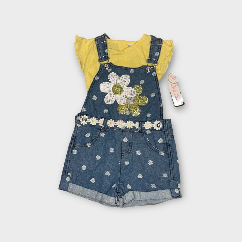 Little Lass Floral Applique & Sequin 2 Piece Overalls Set
